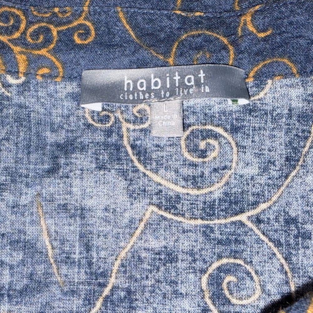 Habitat Woodblock Flounce Shirt Blue Swirl Print Button Down L Lagenlook Artsy - Picture 4 of 9